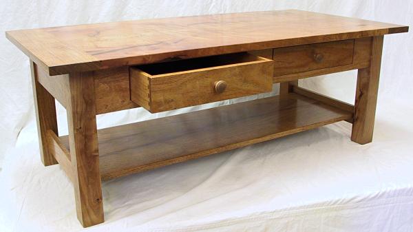 mesquite coffee table with open drawer